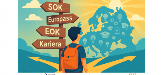 Ilustracija šolarja, ki je na razpotju, pred njim je tudi tabla s puščicami do SOK, EOK, Europass,.. ter spodaj logotipi projektov, ter  financerjev projekta.